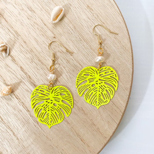 Neon Summer Monstera Earrings