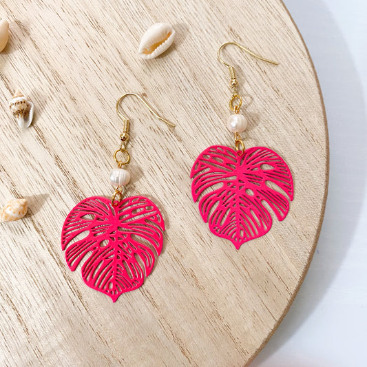 Hot Pink Summer Monstera Earrings