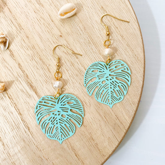 Teal Summer Monstera Earrings